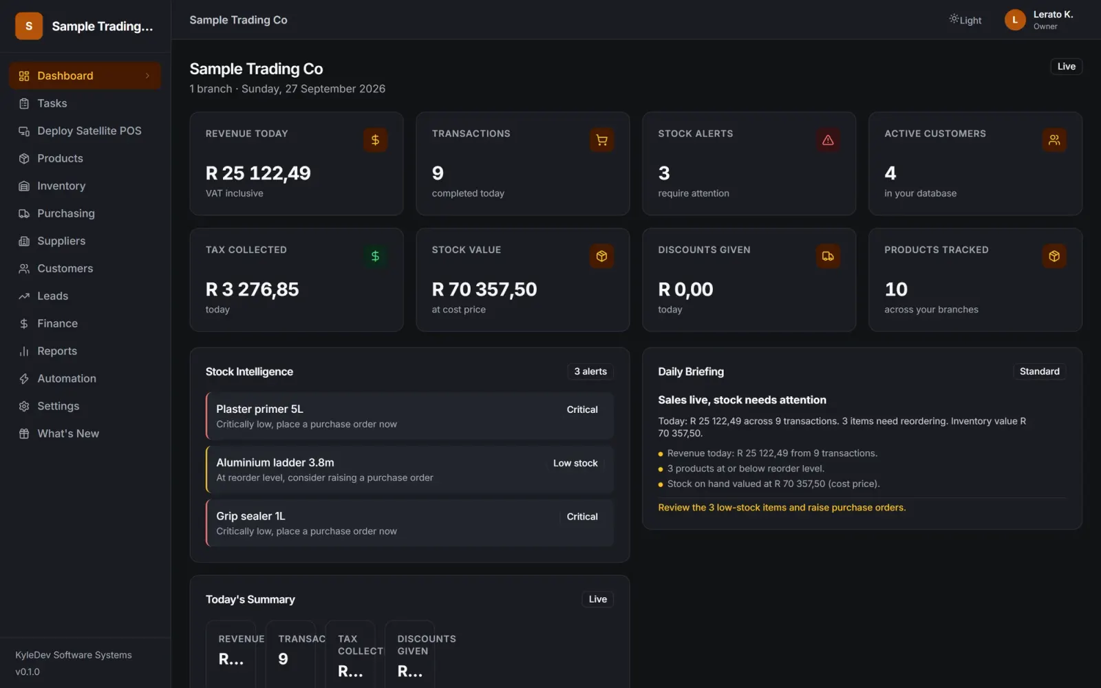 The Kontrol dashboard showing revenue, stock alerts and a daily briefing